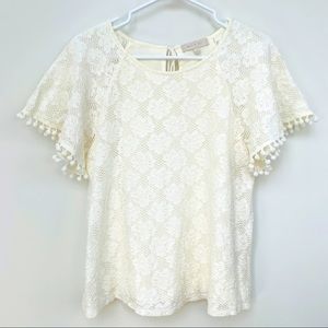 Anthropologie Eri + Ali White Lined Lace Butterfly Pompom Sleeve Blouse - Size S